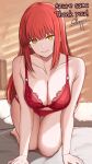  1girl all_fours bed_sheet bra breasts chainsaw_man collarbone commentary_request commission commissioner_name highres large_breasts lingerie long_hair looking_at_viewer makima_(chainsaw_man) panties red_bra red_hair red_panties ringed_eyes signature skeb_commission smile solo straight_hair surippa1010 underwear underwear_only very_long_hair yellow_eyes 