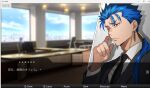  1boy black_necktie black_suit blue_hair closed_mouth commentary_request cowlick cu_chulainn_(fate) cu_chulainn_(fate/stay_night) cu_chulainn_(lancer)_(fate) earrings fang fate/stay_night fate_(series) hair_tubes hand_up jewelry lapels lem30be long_sleeves necktie notched_lapels red_eyes scratching_cheek skin_fang solo suit sweatdrop user_interface video_game_dialogue_box wing_collar 