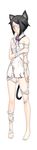  absurdres animal_ears ar_tonelico ar_tonelico_iii bandage_over_one_eye bandages barefoot black_hair bow cat_ears cat_tail feet filament hair_ornament hairclip highres legs long_image nagi_ryou off_shoulder official_art pink_eyes red_eyes short_hair solo strap_slip tail tall_image torn_clothes 