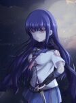  1girl angel_beats! arm_guards black_hair black_scarf blue_sailor_collar blue_skirt breasts closed_mouth commentary_request cowboy_shot emblem full_moon hair_between_eyes holding holding_knife inashiso_(nonsugar) knife kuji-in long_hair looking_at_viewer medium_breasts miniskirt moon neckerchief night outdoors partial_commentary pink_neckerchief pleated_skirt red_eyes sailor_collar sailor_shirt scarf shiina_(angel_beats!) shinda_sekai_sensen_uniform shirt short_sleeves sidelocks skirt solo very_long_hair white_shirt 