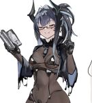  1girl bahamut_(nikke) bikini black_gloves black_horns black_liquid black_necktie bodystocking book breasts closed_eyes closed_mouth commentary_request covered_navel glasses gloves goddess_of_victory:_nikke grey_streaks hair_intakes holding holding_book horns latex latex_bikini liquid_clothes mole mole_under_mouth multicolored_hair natuiroillust12 necktie pointing pointing_up pubic_tattoo pubic_tattoo_visible_through_clothes short_necktie simple_background small_breasts smile solo streaked_hair swimsuit tattoo white_background 