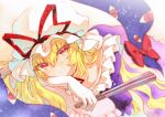  1girl blonde_hair blush choker closed_mouth dress folded_fan folding_fan gap_(touhou) gloves hair_between_eyes hand_fan hat hat_ribbon highres holding holding_fan long_hair looking_at_viewer mob_cap orange_eyes purple_dress red_ribbon ribbon ribbon_choker rinka_(qqqrinkappp) smile solo touhou traditional_media white_gloves white_hat yakumo_yukari 
