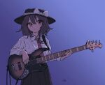 1girl 5-string_bass_guitar asymmetrical_hair bass_guitar black_hair black_hat black_skirt blue_background bow brown_eyes character_name check_instrument closed_mouth collared_shirt commentary extended_range_bass_guitar gradient_background guitar hair_between_eyes hair_bow hat hat_bow highres holding holding_guitar holding_instrument instrument kashiwada_kiiho long_sleeves looking_at_viewer medium_hair necktie playing_bass_guitar playing_instrument red_necktie shirt shirt_tucked_in signature skirt solo standing touhou usami_renko white_bow white_shirt 