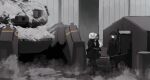  2girls aac_honey_badger absurdres black_coat black_hair briefcase coat commentary english_commentary fog gun highres m110_sass mecha multiple_girls original renakohii rifle robot sniper_rifle tent weapon 