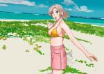  1girl antenna_hair beach bikini bikini_top_only blue_sky breasts cloud day green_eyes highres kantai_collection kinugasa_(kancolle) large_breasts looking_at_viewer ojipon open_mouth orange_bikini outdoors outstretched_arms pink_shorts shorts sky solo spread_arms swimsuit teeth twitter_username upper_teeth_only 