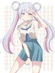  1girl blue_eyes blue_skirt blush cho_kaguya-hime! commentary feet_out_of_frame grey_hair hair_rings highres long_hair looking_at_viewer multicolored_eyes pink_hair purple_eyes purple_nails runami_yachiyo sailor_collar salute short_hair skirt smile solo tutanai twintails very_long_hair 