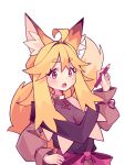  1girl :o ahoge animal_ear_fluff animal_ears blonde_hair blush bow breasts cleavage commentary double-parted_bangs english_commentary fox_ears fox_girl fox_tail hair_between_eyes hair_intakes highres holding holding_pencil kazumiskill long_hair long_sleeves medium_breasts open_mouth original pencil red_bow red_ribbon ribbon simple_background sleeve_ribbon solo tail thick_eyebrows upper_body waist_bow white_background 