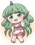  1girl :3 :d animal_ears blush brown_sandals chibi chibi_only collared_shirt commentary_request curly_hair full_body green_eyes green_hair grey_horns hand_up highres horns index_finger_raised komano_aunn long_hair looking_at_viewer open_mouth red_shirt rokugou_daisuke sandals shirt short_sleeves shorts signature single_horn smile solo standing touhou white_shorts 