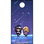  2girls black_cape black_hat black_shoes black_skirt blonde_hair border bow brown_eyes brown_hair cape commentary_request dress from_side full_body hat hat_bow hat_ribbon highres long_hair maribel_hearn mob_cap moon multiple_girls night pixel_art purple_dress red_cape red_ribbon reflection reflective_liquid ribbon ruru2koichi shirt shoes skirt socks star_(sky) symmetry touhou two-sided_cape two-sided_fabric two-tone_hat usami_renko white_border white_bow white_hat white_shirt white_socks yellow_eyes 