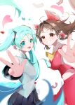  2girls aqua_eyes aqua_hair aqua_necktie ascot black_skirt black_sleeves blush bow breasts brown_eyes brown_hair chest_sarashi commentary crossover detached_sleeves frilled_bow frilled_hair_tubes frills grey_shirt grin hair_between_eyes hair_bow hair_tubes hakurei_reimu hatsune_miku heart highres large_breasts long_hair looking_at_viewer loveplum0510 medium_breasts midriff multiple_girls necktie ofuda open_mouth pleated_skirt red_bow red_skirt sarashi shirt skirt skirt_set sleeveless sleeveless_shirt smile touhou twintails very_long_hair vocaloid yellow_ascot 
