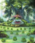  animal_focus bright_pupils bulbasaur commentary english_commentary fangs from_behind grass highres mofinngram nature no_humans nostrils on_tree_stump open_mouth outdoors painting_(medium) pokemon pokemon_(anime) pokemon_(classic_anime) pokemon_(creature) pokemon_focus red_eyes scene_reference traditional_media tree tree_stump venusaur watercolor_(medium) white_pupils 