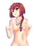  blush braid breasts brown_hair darker_than_black face green_eyes hair_in_mouth hair_over_shoulder hands highres ka-9 long_hair medium_breasts nipples nude simple_background single_braid small_nipples solo suou_pavlichenko 