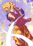 1boy absurdres aura blonde_hair blue_shirt commentary_request dragon_ball dragon_ball_z electricity goku_day green_eyes highres liedein male_focus medium_hair orange_shirt salute shirt solo son_goku spiked_hair super_saiyan super_saiyan_1 two-finger_salute 