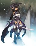  armor bad_id bad_pixiv_id bare_shoulders black_hair blade_(galaxist) blue_eyes breasts cape covered_nipples dark_skin gloves horns long_hair looking_at_viewer original pointy_ears small_breasts snow snowing solo sword tan weapon 