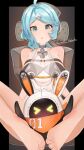  >_< 1girl 1other :o ahoge bare_shoulders barefoot blue_eyes blue_hair blush breasts collarbone commentary_request eous_(zenless_zone_zero) feet flower_hairpin foot_focus hair_ornament hairclip highres long_hair looking_at_viewer mole mole_on_shoulder open_mouth see-through_clothes seed_(zenless_zone_zero) signature sitting takatoke1192 toenails toes zenless_zone_zero 