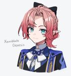  1girl black_bow blue_dress bow copyright_name dress highres neckerchief pink_hair pointy_ears ponytail protagonist_(xenoblade_genesis) purple_ribbon ribbon shinae smile solo white_background white_neckerchief xenoblade_chronicles_(series) xenoblade_genesis 