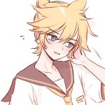  1boy adjusting_hair antenna_hair averting_eyes bass_clef black_sailor_collar blonde_hair blue_eyes collarbone commentary_request double-parted_bangs embarrassed flying_sweatdrops frown g_hana hair_between_eyes highres kagamine_len kagamine_len_(nt) male_focus necktie ponytail sailor_collar shirt short_hair short_ponytail short_sleeves sidelocks signature simple_background solo upper_body vocaloid white_background white_shirt yellow_necktie 