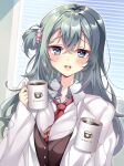  1girl :d absurdres aqua_eyes aqua_hair bad_id bad_twitter_id beads between_breasts blush breasts brown_vest clothes_between_breasts coat coffee coffee_mug collared_shirt crossed_bangs cup day dual_wielding furrowed_brow hair_beads hair_between_eyes hair_bun hair_ornament hakugan hands_up highres holding holding_cup incoming_drink indoors kikka_academy_school_uniform lab_coat long_hair looking_at_viewer mug necktie necktie_between_breasts open_clothes open_coat open_mouth red_necktie riddle_joker school_uniform shikibe_mayu shirt single_side_bun smile solo teeth upper_body upper_teeth_only vest white_coat white_shirt window 