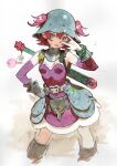  1girl armor armored_dress belt boots breasts buckle charm_(object) dress gloves hair_through_headwear heart heart-shaped_buckle helmet highres original painting_(medium) red_hair short_hair small_breasts smile solo sword timbougami traditional_media two_side_up watercolor_(medium) weapon 