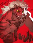  1boy abs animal_ears bara black_sclera blood blood_on_body blood_on_face blood_on_hand character_name claws colored_sclera commentary_request crave_saga fangs furry furry_male grin grugaz_(crave_saga) highres looking_at_viewer male_focus muscular muscular_male pectorals signature sky_(sora_no_gomibako) smile tiger_boy tiger_ears tiger_stripes topless_male yellow_eyes 