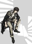  1boy absurdres black_coat black_hair black_shoes chinese_commentary coat commentary_request enigma_(reverse:1999) full_body grey_background grey_pants highres huazhadi id_card leaning_forward looking_at_viewer low_ponytail male_focus on_stairs pants ponytail reverse:1999 shirt shoes short_hair sitting sitting_on_stairs solo spiral_staircase stairs white_shirt yellow_eyes 