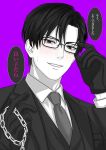  1boy adjusting_eyewear breast_pocket chain collared_shirt commentary_request curtained_hair dress_shirt formal_clothes glasses gloves greyscale_with_colored_background h_whitewish holding holding_chain jacket lapels long_sleeves looking_at_viewer male_focus necktie notched_lapels original parted_hair parted_lips pocket purple_background rectangular_eyewear shirt short_hair simple_background solo suit suit_jacket translation_request upper_body very_short_hair vest waistcoat 