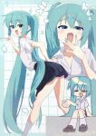  1girl absurdres aqua_eyes aqua_hair aqua_nails bent_over black_skirt blush breasts closed_eyes collared_shirt commentary fin_gocco grid_background hair_between_eyes hatsune_miku heart highres laughing loafers long_hair looking_at_viewer pleated_skirt shirt shoes sidelocks sitting skinny skirt small_breasts smile solo twintails very_long_hair vocaloid white_shirt 