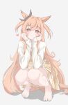  1girl animal_ears barefoot belt blush bow brown_ribbon buckle cherry_necklace closed_mouth commentary dress ear_bow ear_ribbon feet food-themed_necklace hair_between_eyes hands_on_own_cheeks hands_on_own_face heart heart-shaped_buckle highres horse_ears horse_girl horse_tail jewelry long_hair long_sleeves looking_at_viewer mayano_top_gun_(casual)_(umamusume) mayano_top_gun_(umamusume) necklace orange_eyes orange_hair plaid_clothes plaid_dress ribbon shirt simple_background skirt smile solo squatting tail toes tofu_thunder two_side_up umamusume vest white_belt white_shirt yellow_skirt yellow_vest 