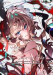  1girl alternate_costume bare_back bare_shoulders blue_eyes bonnet brown_gloves brown_hair brown_headdress commentary crescent dress elbow_gloves fuzijo genshin_impact gloves hair_intakes headdress highres long_sidelocks sandrone_(genshin_impact) short_hair_with_long_locks sidelocks smile solo string untranslatable_commentary 