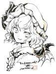  1girl ascot bat_wings commentary_request cropped_shoulders dated frilled_shirt_collar frills greyscale hat hat_ribbon looking_at_viewer looking_to_the_side mob_cap monochrome parted_lips remilia_scarlet ribbon seal_impression short_hair signature simple_background smile solo touhou traditional_media tsubameyado white_background wings 