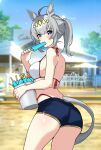  1girl absurdres ahoge animal_ears ass bare_back bare_shoulders bikini bikini_bottom_under_shorts bikini_under_clothes blue_eyes blue_shorts blurry blurry_background blush breasts bucket commentary diamond_hairband ear_ornament food food_in_mouth from_behind grey_hair grey_tail hair_between_eyes hair_ornament hairband highres holding holding_bucket holding_food holding_popsicle horse_ears horse_girl horse_tail long_hair looking_at_viewer looking_back medium_breasts multicolored_hair oguri_cap_(umamusume) outdoors ponytail popsicle popsicle_in_mouth rightman-sensei short_shorts shorts solo swimsuit tail thighs umamusume white_bikini 