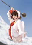 1girl ascot bloomers blue_sky bow breasts broom brown_eyes brown_hair commentary day detached_sleeves doge_(jkdoge) frilled_bow frilled_hair_tubes frilled_skirt frills hair_bow hair_tubes hakurei_reimu highres long_hair open_mouth outdoors pantyhose red_bow red_skirt ribbon-trimmed_sleeves ribbon_trim sideboob skirt skirt_set sky solo touhou upskirt variant_set white_bloomers white_pantyhose yellow_ascot 