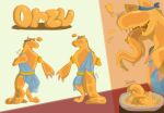 3_claws 3_fingers accessory ambiguous_gender anthro basin blue_accessory blue_toga character_name clasp claws clothing droplets exclamation_point eyeless feet fingers front_view girdle goo_creature hi_res itsdahexo kerchief kerchief_on_ear long_tail long_tongue model_sheet no_eyebrows no_eyelashes orange_arms orange_back orange_body orange_ears orange_feet orange_goo orange_head orange_legs orange_slime orange_tail orange_toes orange_tongue orange_torso orzu_(itsdahexo) rear_view signature simple_background slime slimy_tongue smile solo tail text toga tongue tongue_out yellow_accessory zigzag_mouth