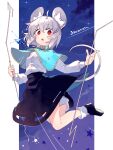  1girl :o animal_ears aqua_capelet black_shoes black_skirt breasts capelet character_name commentary_request dowsing_rod grey_hair highres holding kibayashi_kimori long_sleeves looking_at_viewer midair mouse_ears mouse_girl mouse_tail nazrin red_eyes shirt shoes short_hair skirt small_breasts socks solo tail touhou white_shirt white_socks 