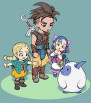  1boy 2girls aged_down azito7 baggy_pants bianca_(dq5) black_shirt blonde_hair blue_bow blue_bowtie blue_eyes blue_hair boots bow bowtie bracelet braid braided_ponytail brown_boots brown_hair crossover dragon_quest dragon_quest_monsters_4 dragon_quest_v dragon_quest_xii dress earrings flora_(dq5) fluffy_(dragon_quest) forehead full_body green_poncho hair_bow hair_pulled_back hero_(dq12) highres jewelry long_hair looking_at_another medium_hair multiple_girls open_mouth orange_dress pants pink_bow pink_bowtie pink_poncho pointing pointing_at_another ponytail purple_shoes shaved_head shirt shoes short_hair single_shoulder_pad spiked_hair standing sword sword_on_back weapon weapon_on_back white_dress yellow_pants 
