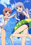  :d absurdres bikini blue_hair cloud day flat_chest green_eyes highres index inflatable_dolphin inflatable_toy innertube legs long_hair multiple_girls non-web_source nyantype official_art one-piece_swimsuit open_mouth pink_eyes pink_hair school_swimsuit shinohara_kenji short_hair sky smile swimsuit to_aru_majutsu_no_index tsukuyomi_komoe very_long_hair 