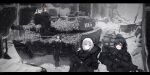  5girls absurdres anti-materiel_rifle black_coat coat gepard_gm6_lynx gun headphones highres military_uniform military_vehicle motor_vehicle multiple_girls original renakohii rifle sniper_rifle snowing tank weapon 