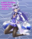 1girl :o amagi_nanaha black_pantyhose blue_eyes blue_hair breasts character_name choker commentary_request covered_navel dated dress elbow_gloves fuchi full_body gloves happy_birthday headgear headset high_heels highres kneeling long_hair looking_at_viewer mahou_senshi_(series) mahou_senshi_symphonic_knights mecha_musume open_mouth panties panties_under_pantyhose pantyhose purple_hair short_sleeves small_breasts solo symphonic_sugar underwear white_gloves 