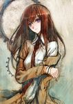  blue_eyes brown_hair highres long_hair makise_kurisu necktie nokishita solo steins;gate 