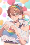  1boy absurdres ahoge animal_on_shoulder artist_name balloon black_choker black_tank_top blurry blurry_background blush brown_hair choker collarbone crop_top crystal eiden_(nu_carnival) english_text ermine grin hair_between_eyes hairband heart heart_balloon heart_hands highres lazy_fish lgbt_pride looking_at_viewer male_focus midriff multicolored_hairband multicolored_nails nu_carnival off-shoulder_shirt off_shoulder one_eye_closed rainbow_flag shirt short_hair short_sleeves shoulder_tilt smile solo tank_top upper_body upturned_eyes weasel white_background white_shirt 