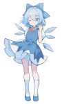  1girl ;) asakura_maru bloomers blue_bow blue_dress blue_hair blue_shoes bow cirno closed_mouth collared_shirt commentary_request double-parted_bangs dress full_body hair_between_eyes hair_bow hand_up highres ice ice_wings kneehighs neck_ribbon one_eye_closed pinafore_dress red_ribbon ribbon shirt shoes short_hair short_sleeves simple_background sleeveless sleeveless_dress smile socks solo standing touhou white_background white_bloomers white_shirt white_socks wings 