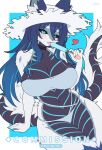  1girl animal_ear_fluff animal_ears blue_background blue_eyes blue_hair blush breasts cleavage commentary commission english_commentary food furry furry_female hair_between_eyes hat heart highres holding holding_food holding_popsicle large_breasts long_hair looking_at_viewer mo_(k40633) navel open_mouth original popsicle simple_background solo stomach tail tongue tongue_out twitter_username white_hat 