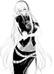  1girl belt detached_sleeves greyscale headset long_hair long_skirt looking_at_viewer megurine_luka monochrome navel see-through_clothes shirt side_slit simple_background single_detached_sleeve skirt sleeveless sleeveless_shirt solo standing very_long_hair vocaloid yelimi2026 
