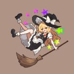  1girl apron back_bow black_hat black_shoes black_skirt black_vest blonde_hair bow braid broom brown_background commentary_request dotebox full_body hair_bow hat hat_bow holding holding_broom kirisame_marisa long_hair looking_at_viewer mary_janes open_mouth pixel_art red_bow shoes side_braid simple_background single_braid skirt smile socks solo star_(symbol) touhou very_long_hair vest waist_apron white_apron white_bow white_socks witch_hat yellow_eyes 