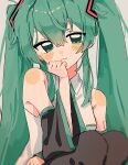  1girl :3 aqua_eyes aqua_hair aqua_necktie bare_shoulders black_boots blush_stickers boots detached_sleeves edari0419 hatsune_miku highres long_hair looking_at_viewer necktie number_tattoo shirt shoulder_tattoo sleeveless sleeveless_shirt solo tattoo twintails very_long_hair vocaloid white_shirt 