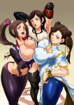  3girls asymmetrical_docking black_gloves black_jacket black_pants black_thighhighs blue_pants bracelet breast_press breasts chinese_clothes commentary_request covered_nipples crop_top cropped_jacket double_bun fatal_fury fatal_fury:_city_of_the_wolves final_fantasy final_fantasy_vii final_fantasy_vii_remake gloves hair_bun hair_ribbon highres jacket jewelry large_breasts multiple_girls pants partially_unzipped ponytail ribbon shimotsuki_juugo shiranui_mai single_arm_guard street_fighter street_fighter_6 thighhighs tifa_lockhart tight_clothes tight_pants unaligned_breasts yellow_ribbon 