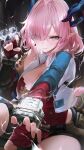  1girl arknights arknights:_endfield black_shorts blue_horns breasts cleavage closed_mouth commentary electricity eyes_visible_through_hair fingerless_gloves gloves hair_over_one_eye highres horns huge_breasts jacket long_hair looking_at_viewer mi_fu_(arknights) mole mole_under_eye multicolored_eyes outstretched_arm pink_hair pointy_ears re0n red_gloves red_shirt shirt shorts solo tail white_jacket 