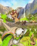  alternate_color blue_sky carrying chesnaught chespin closed_eyes commentary day english_commentary evolutionary_line highres log mofinngram no_humans on_head open_mouth outdoors painting_(medium) pokemon pokemon_(creature) pokemon_focus pokemon_on_head quilladin shiny_and_normal shiny_pokemon sky smile spikes traditional_media watercolor_(medium) 