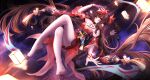  1girl absurdres aichinaigai bare_shoulders barefoot bell black_choker black_gloves black_hair black_sash breasts brown_hair choker commentary_request criss-cross_halter crossed_legs detached_sleeves dress fingernails floating_hair flower_hairclip flower_tattoo fox_mask full_body glasses gloves halterneck hand_on_mask highres honkai:_star_rail honkai_(series) japanese_clothes lantern long_hair looking_at_viewer lying mask mask_on_head nail_polish neck_bell night paper_lantern pink_eyes red_dress red_nails red_sleeves reflection round_eyewear sash single_glove sky smile solo sparkle_(honkai:_star_rail) sparkle_(school_uniform)_(honkai:_star_rail) star_(sky) starry_sky tattoo toenail_polish toenails toes twintails 