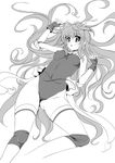  breasts cameltoe covered_nipples elbow_pads fingerless_gloves frapowa gloves greyscale hair_ribbon knee_pads leotard long_hair lyrical_nanoha mahou_shoujo_lyrical_nanoha_vivid medium_breasts monochrome older ribbon rio_wezley solo thighhighs 